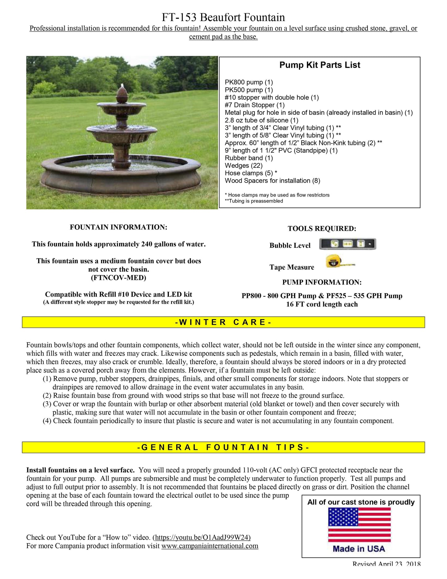 Beaufort Outdoor Water Fountain with Pool