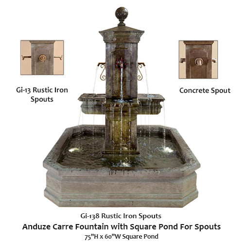 Anduze Carre Fountain with Square Pond For Spouts