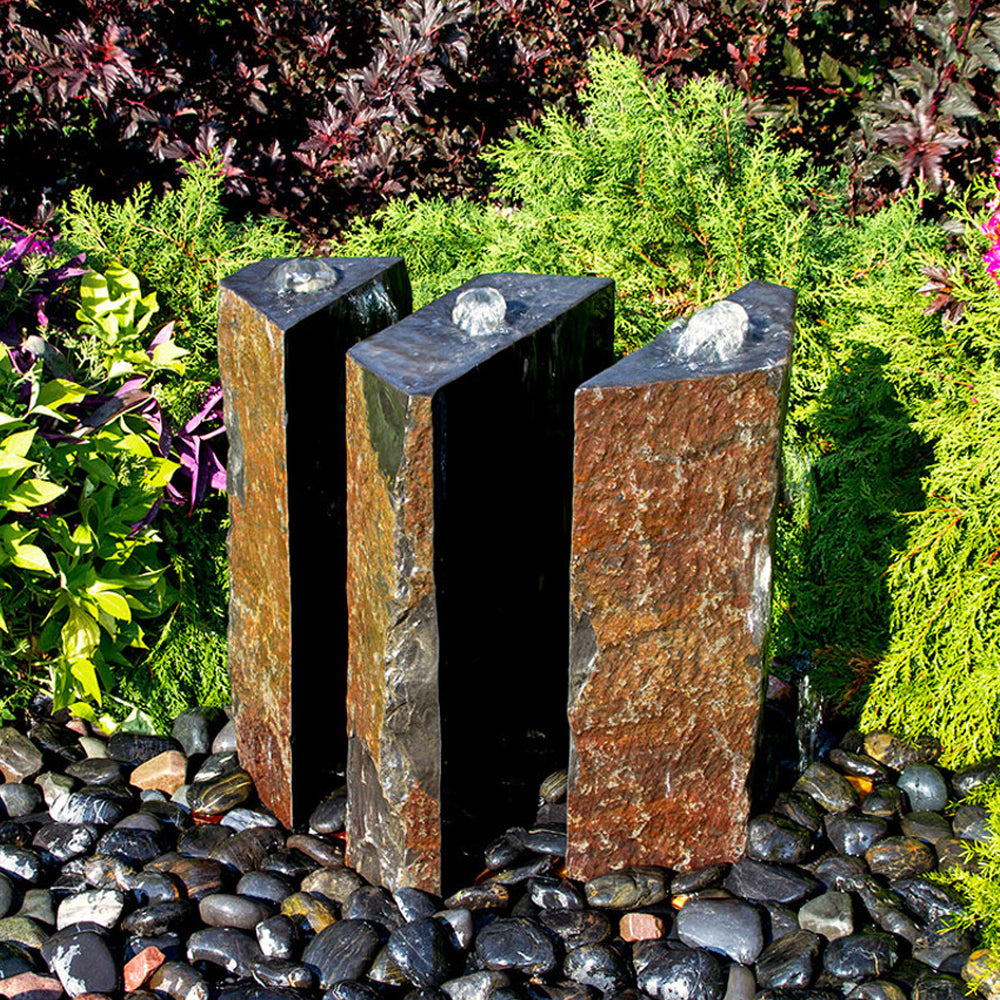 36" Triple Split Polished Basalt Stone Outdoor Fountain - 3 Piece