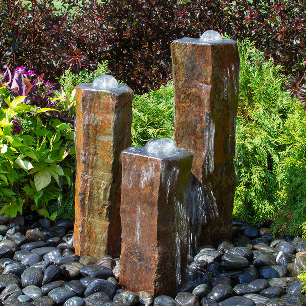 Triple Bowled, Polished Top Basalt Column Outdoor Fountain