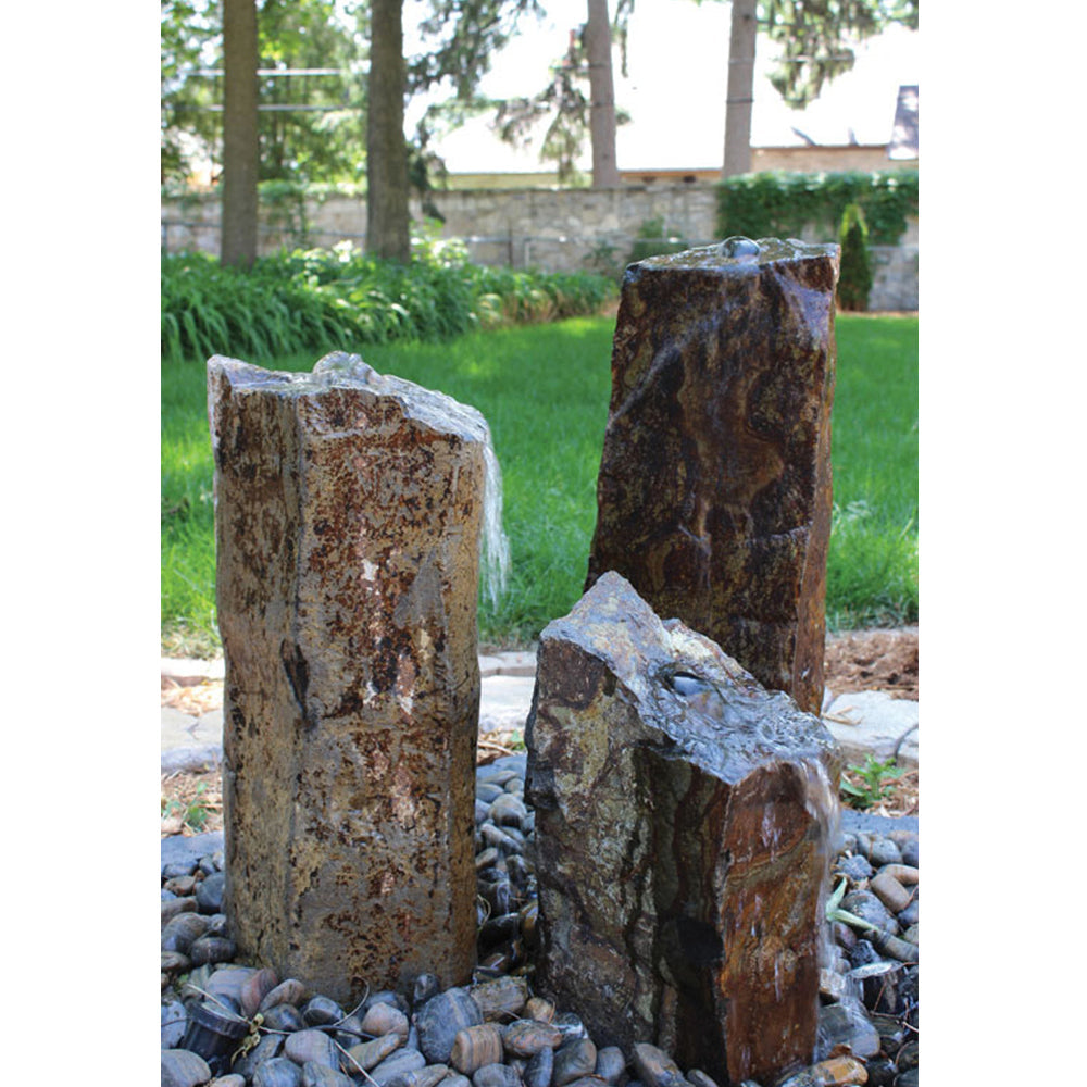 Triple Rustic Basalt Stone Outdoor Fountain