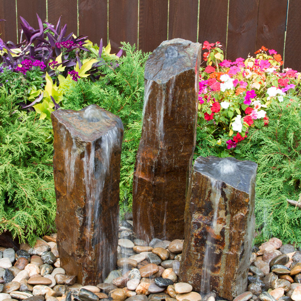 Triple Rustic Basalt Stone Outdoor Fountain