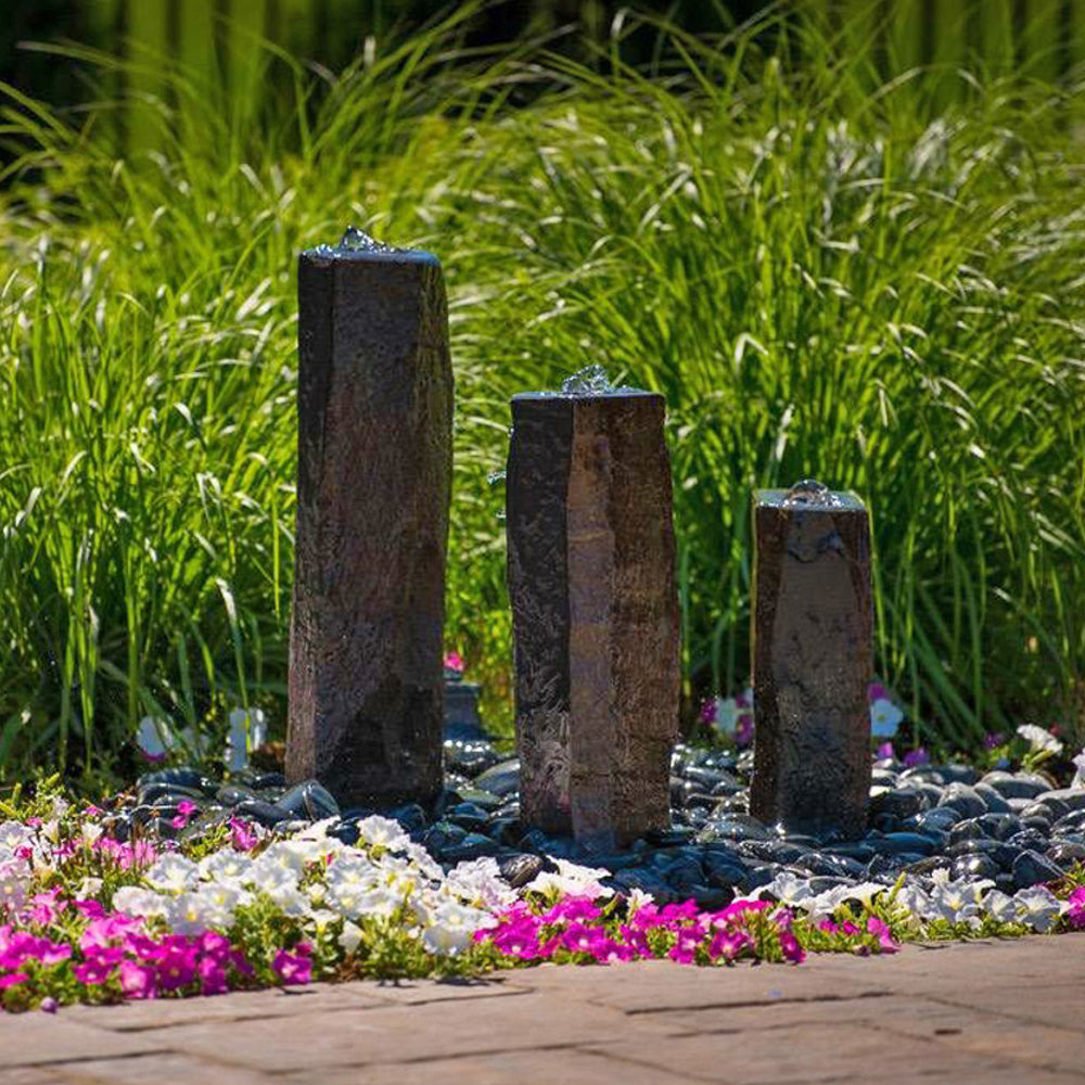 Triple Rustic Basalt Stone Outdoor Fountain