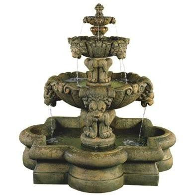 Courtyard Lion Tiered Outdoor Water Fountain in Quatrefoil Basin